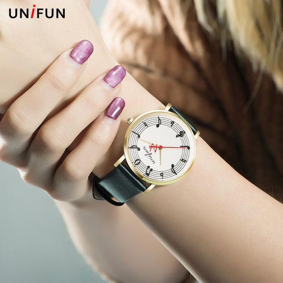 UNIFUN New Women Musical Notation Creative Leather Strap Fashion Casual Dress Quartz Simple Style Relogios Feminino Montre Watch