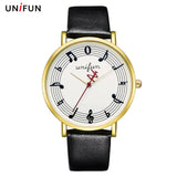 UNIFUN New Women Musical Notation Creative Leather Strap Fashion Casual Dress Quartz Simple Style Relogios Feminino Montre Watch