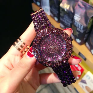 2017 New Style Purple Women Watches Top Luxury Steel Full Rhinestone Wristwatch Lady Crystal Dress Watches Female Quartz Watch