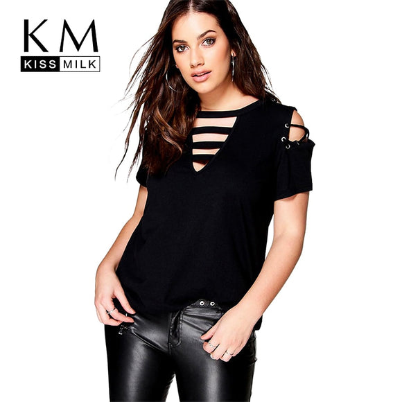 Kissmilk Plus Size Hollow Out Front V Neck Tie Basic Tops Solid Color Short Sleeve Women T Shirt Comfortable Large Size T Shirt