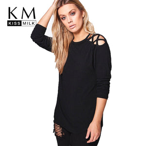 Kissmilk Women Plus Size Criss Cross Cold Shoulder Knit Tops Solid Long Sleeve T shirt Pullovers Stretchy Large Size T Shirts