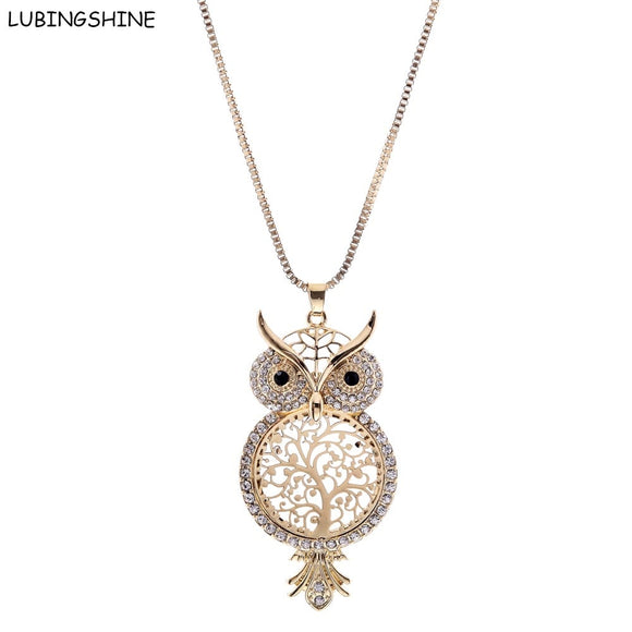 LUBINGSHINE Crystal Sweater Chain colar collier Cute Owl Hollow Out Pendant Necklace Female Tree Of Life Necklaces Jewelry Women