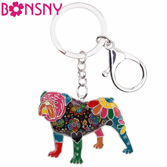 Bonsny Enamel English British Bulldog Bull Terrier Dog Key Chain Key Ring New Fashion Jewelry For Women Charm Bag Accessories