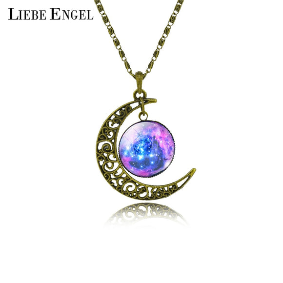 LIEBE ENGEL Fashion Moon Necklace Vintage Glass Cabochon Bronze Chain Statement Necklace Women Accessories collier 2017