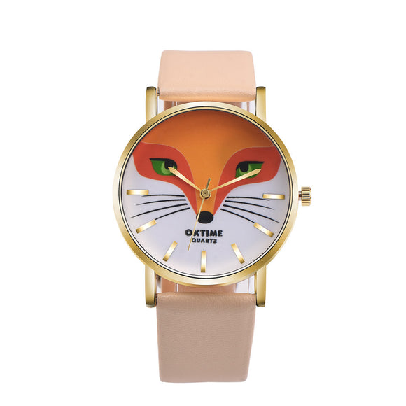 Retro Cartoon Fox Design Leather Band Analog Alloy Quartz Wrist Watch