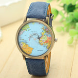 New Global Travel By Plane Map Women Dress Watch Denim Fabric Band