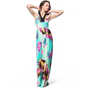 2018 Bohemian Wommen Summer Long Maxi Dress V Neck Sleeveless Backless Floral Halter Dress Plus Size 6XL 7XL Holiday Beach Dress