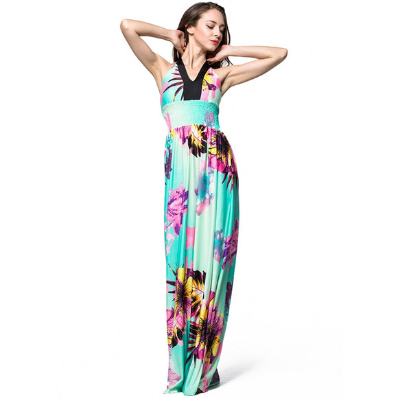 2018 Bohemian Wommen Summer Long Maxi Dress V Neck Sleeveless Backless Floral Halter Dress Plus Size 6XL 7XL Holiday Beach Dress