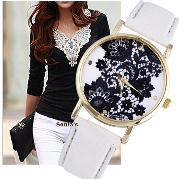 Gnova New Brand Black Lacework Minimalist Woman Geneva Style Watch PU Leather casual dress wristwatch Vintage Fashion A583