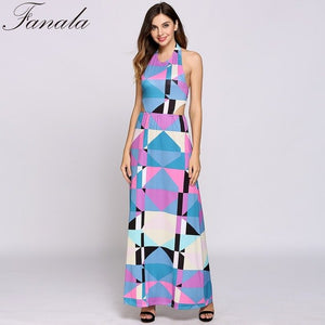 Falana Fashion 2017 Wommen Summer Long Dress Geometry Design Sleeveless Colorful Female Casual Dress vestido de festa