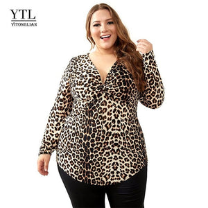 YTL Female Big Size Spring Autumn Grey Leopard Deep V Neck Long Sleeve Slim Tunic Top Large Size Blouses Women 5XL 6XL 7XL H088