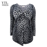 YTL Female Big Size Spring Autumn Grey Leopard Deep V Neck Long Sleeve Slim Tunic Top Large Size Blouses Women 5XL 6XL 7XL H088