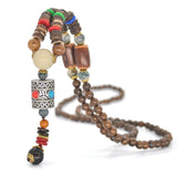 Yumfeel Handmade Nepal Necklace Buddhist Mala Wood Beads Pendant & Necklace Ethnic Horn Fish Long Statement Jewelry Women Men