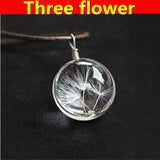 Real Dried Dandelion Pendant Necklace Glass Ball Plant flower Crystal feather Long Strip Leather rope Chain Gift Collier Femme