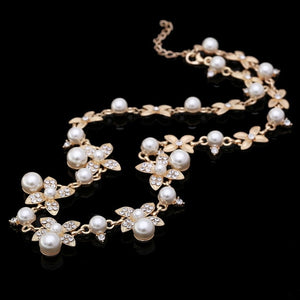 Sweet Long Imitate Pearl Choker Necklace Bridal Jewelry Women Banquet All-match Beaded Crystal Leaf Collares Collier Feminias