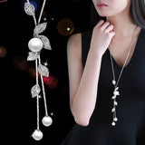 Meyfflin Collier Femme Simulated Pearl Long Necklace Fashion Women Crystal Snowflake Necklace Pendant Jewelry Chain Bijoux Gifts