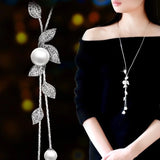 Meyfflin Collier Femme Simulated Pearl Long Necklace Fashion Women Crystal Snowflake Necklace Pendant Jewelry Chain Bijoux Gifts