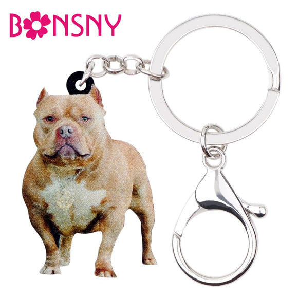 Bonsny Acrylic American Pit Bull Terrier Dog Key Chains Keychain Rings Jewelry For Women Girl Handbag Car Charms Pet Accessories