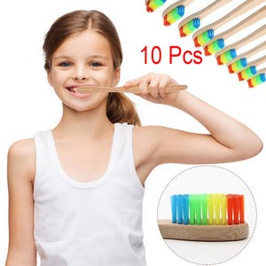 10Pcs Eco-Friendly Rainbow Bamboo Soft Fibre Toothbrush Biodegradable Teeth Brus