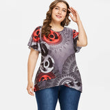 AZULINA Plus Size Print Flutter Sleeve Overlap T-Shirt Women T Shirt 2018 O Neck Short Sleeve Tops Tees Big Size Ladies Clothes