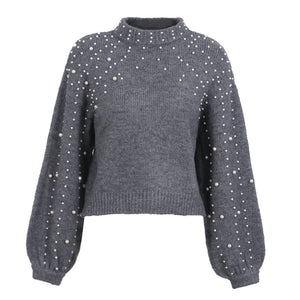 Simplee Pearl turtleneck winter knitted sweater Women lantern sleeve loose gray pullover female Soft warm autumn casual jumper