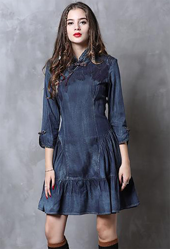 S M L XL vintage cotton new autumn 2018 women jeans midi dress 3/4 sleeve denim blue slim A line floral embroidery elegant lady #A82111