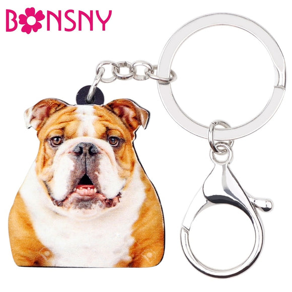 Bonsny Statement Acrylic British Bull Dog Key Chain Keychain Rings Cartoon Animal Jewelry For Women Girl Handbag Car Charms Gift