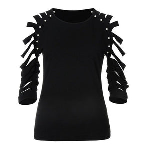 2018 summer Plus Size 5XL Hollow Cut Out Ripped T-shirt Women Clothing Big Sexy  O Neck Lace Up T Shirt  Top Tee large size