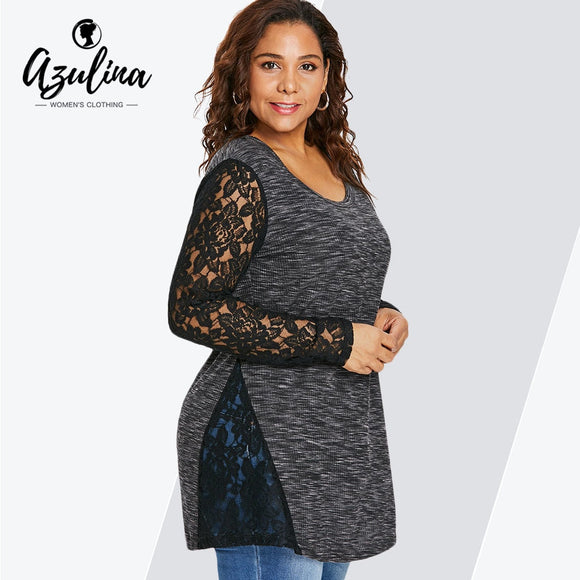 AZULINA Plus Size Lace Insert Marled T-Shirt Women T Shirt Casual Autumn Spring Long Sleeve O Neck Ladies Tops Big Size Clothing