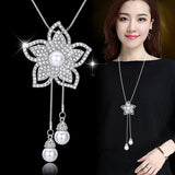 Meyfflin Simulated Pearl Women Statement Necklace Fashion Silver Color Crystal Flower Long Necklaces & Pendants Jewelry Collier