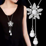 Meyfflin Simulated Pearl Women Statement Necklace Fashion Silver Color Crystal Flower Long Necklaces & Pendants Jewelry Collier