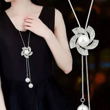 Meyfflin Simulated Pearl Women Statement Necklace Fashion Silver Color Crystal Flower Long Necklaces & Pendants Jewelry Collier