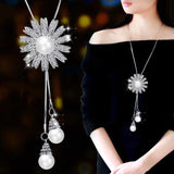 Meyfflin Simulated Pearl Women Statement Necklace Fashion Silver Color Crystal Flower Long Necklaces & Pendants Jewelry Collier