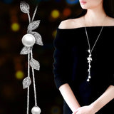 Meyfflin Simulated Pearl Women Statement Necklace Fashion Silver Color Crystal Flower Long Necklaces & Pendants Jewelry Collier