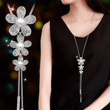 Meyfflin Simulated Pearl Women Statement Necklace Fashion Silver Color Crystal Flower Long Necklaces & Pendants Jewelry Collier