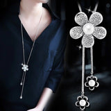 Meyfflin Simulated Pearl Women Statement Necklace Fashion Silver Color Crystal Flower Long Necklaces & Pendants Jewelry Collier