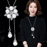 Meyfflin Simulated Pearl Women Statement Necklace Fashion Silver Color Crystal Flower Long Necklaces & Pendants Jewelry Collier