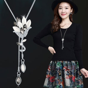 Meyfflin Simulated Pearl Women Statement Necklace Fashion Silver Color Crystal Flower Long Necklaces & Pendants Jewelry Collier