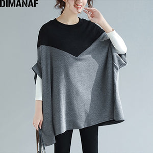 DIMANAF Plus Size T-Shirts Women Knitted Basic Tops Tees Casual Large Loose Female tshirts Batwing Patchwork Black Clothes 5XL