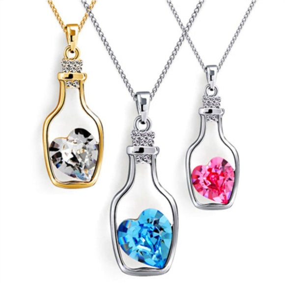 NK712 Fashion Punk Pink Blue Collares Men Wish Bottle Crystal Heart Pendant Necklace For Women Chain Jewelry Statement collier