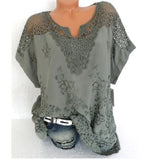 Casual Loose Plus Size Lace Female T-shirt V-neck Back Hollow Shirt Female Summer Short-sleeved T-shirt Large Size S-5XL Gray