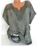 Casual Loose Plus Size Lace Female T-shirt V-neck Back Hollow Shirt Female Summer Short-sleeved T-shirt Large Size S-5XL Gray