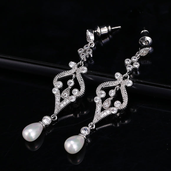 J Store Statement Long Drop Earrings White Gold-Color Clear Cubic Zircon Crystal simulated Pearl Pendant Brincos for Wommen