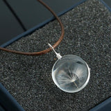 Real Dried Dandelion Pendant Necklace Glass Ball Plant flower Crystal feather Long Strip Leather rope Chain Gift Collier Femme