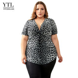 YTL women tops summer Sexy V Neck Ruched Leopard Print Tunic Ladies Short Sleeve Top Tshirt Casual Shirts M-8XL H087