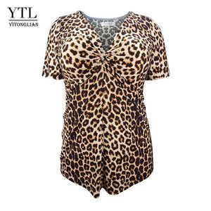 YTL women tops summer Sexy V Neck Ruched Leopard Print Tunic Ladies Short Sleeve Top Tshirt Casual Shirts M-8XL H087