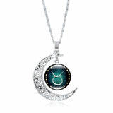 Fashion Necklace Women Twelve Constellations Charm Glass Dome Moon Pendant Necklace Women Collier Femme 2018#Nod